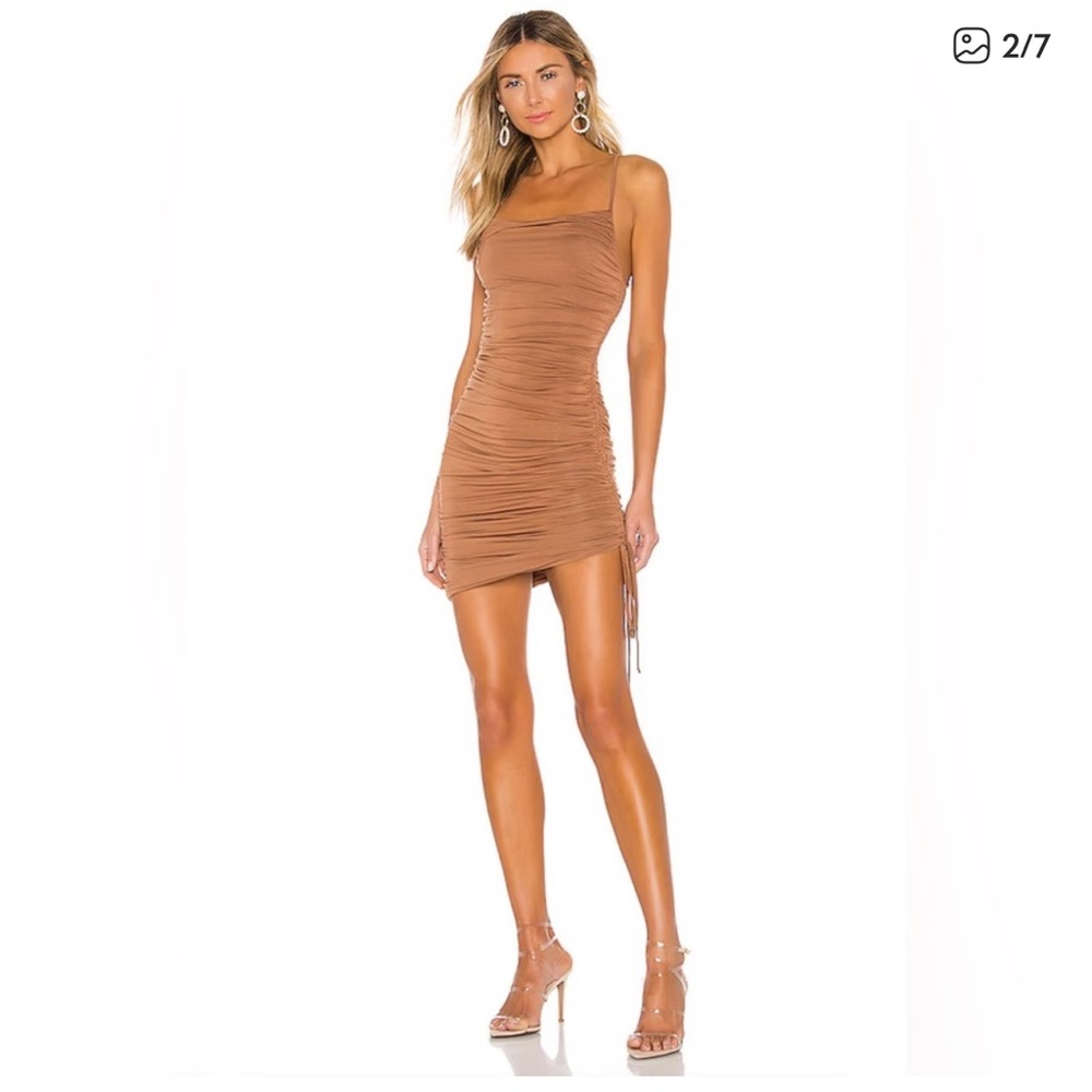MAJORELLE Tan Ruched Mini Dress